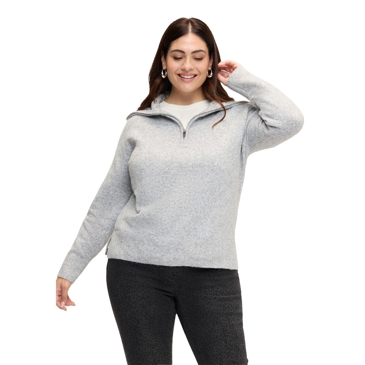 Pull avec col et appliqués brillants gris, FIORELLA RUBINO