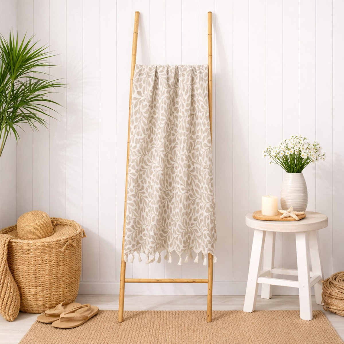 Fouta jacquard coton FEUILLE taupe clair, FEBRONIE