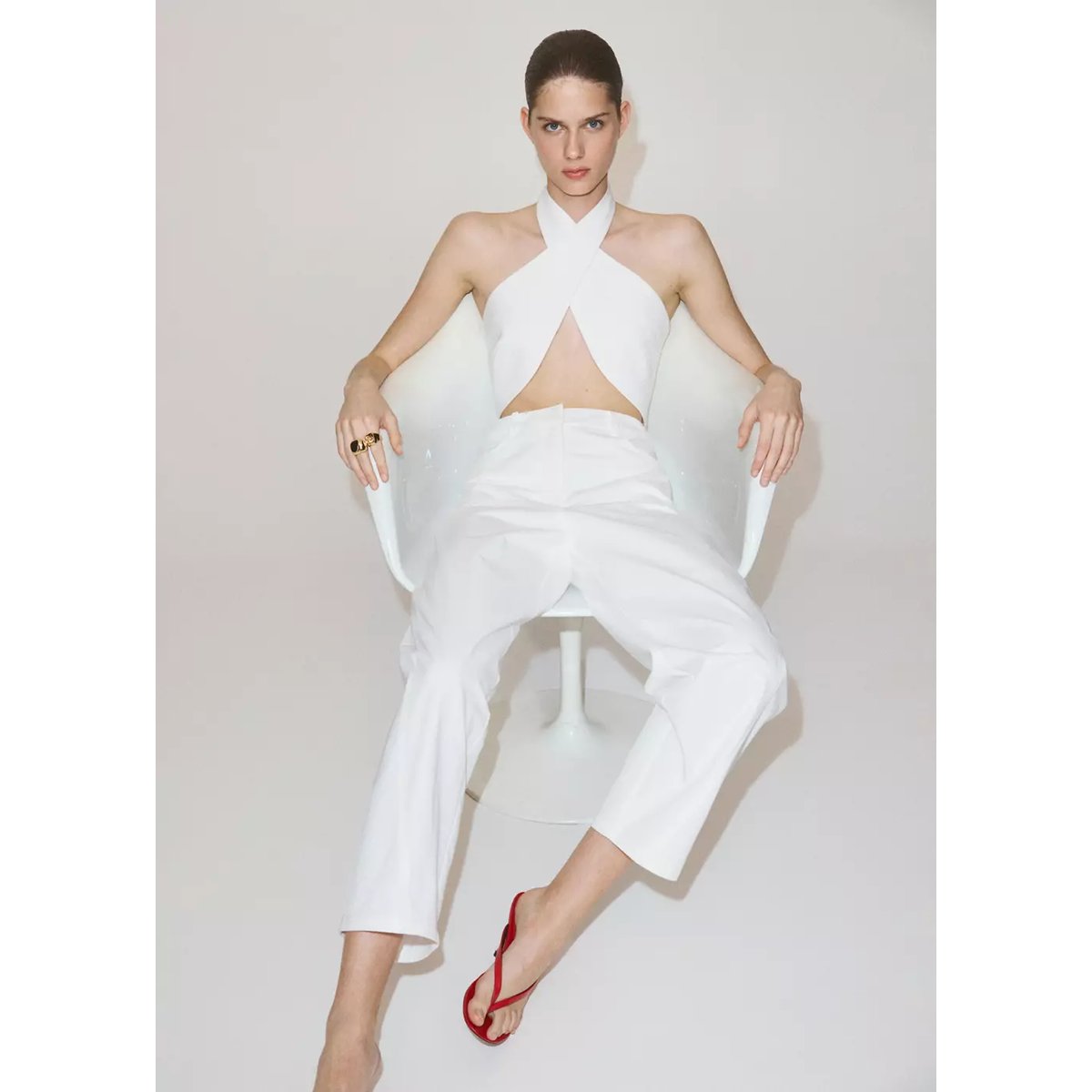 Pantalon ballon taille haute blanc, MANGO