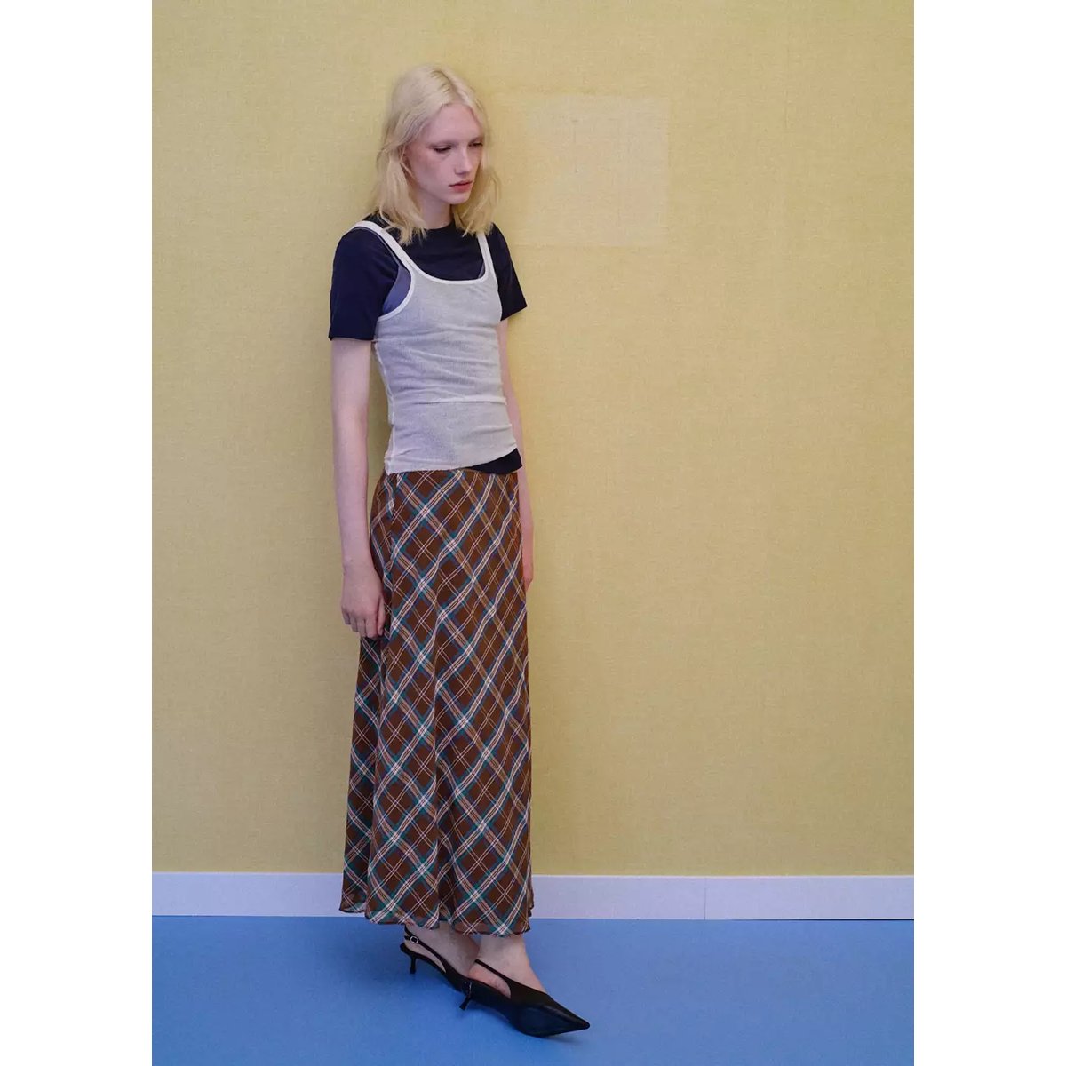 Jupe midi carreaux marron, MANGO