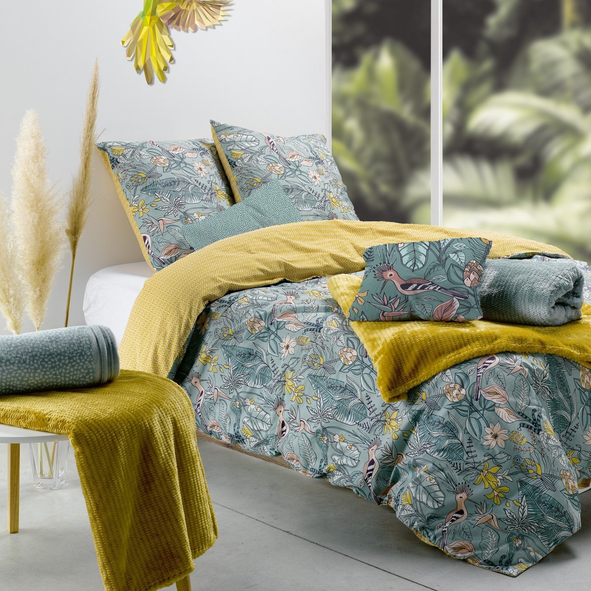 Parure de lit en 100% coton à motifs avec housse de couette + taie d’oreiller vert, EDEN