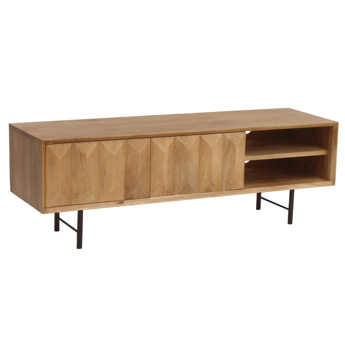 Meuble TV en bois clair manguier massif gravé et métal noir L120 cm AGRA chêne clair, MILIBOO