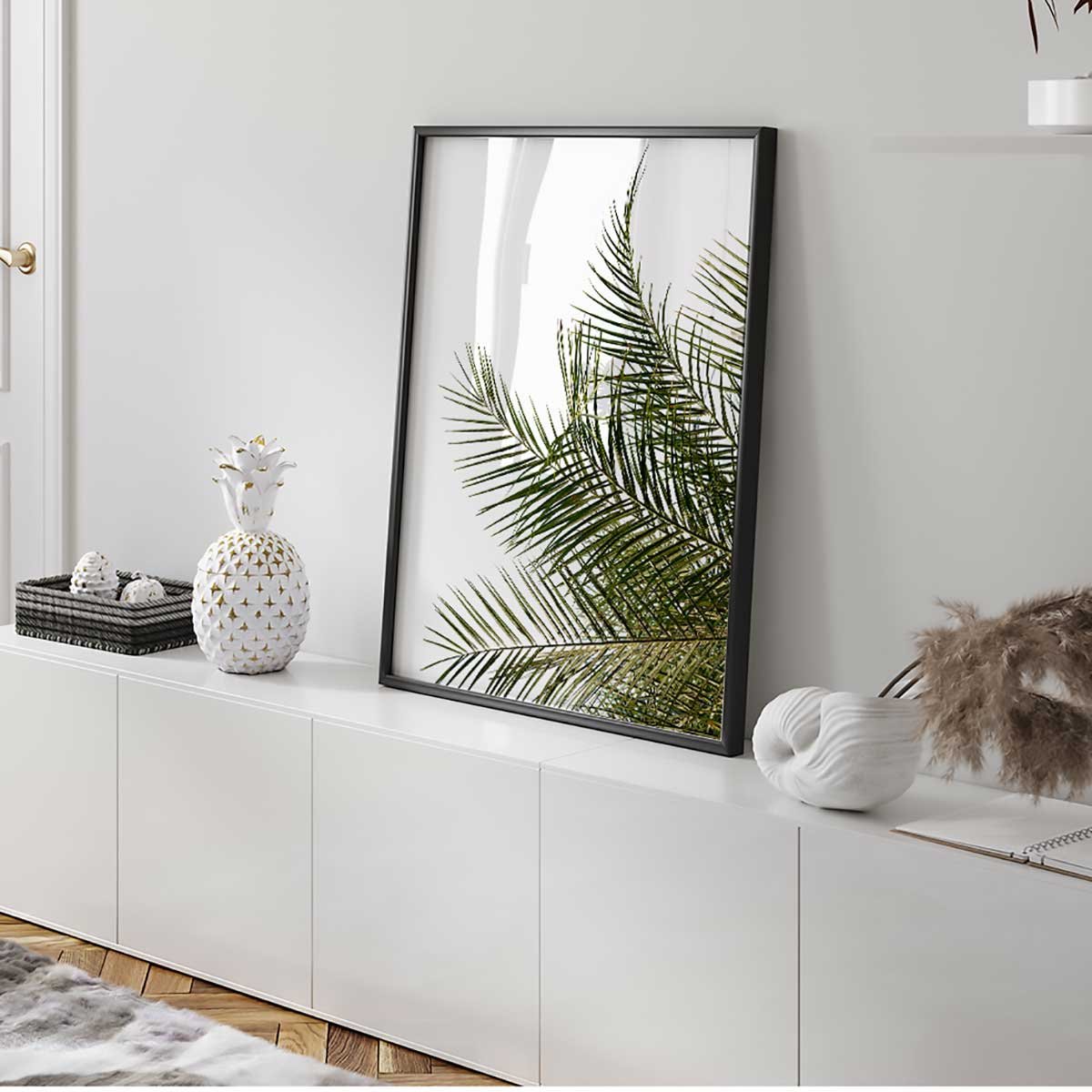 Affiche encadrée feuille de palmier minimaliste fond blanc affiche + cadre en métal - noir, HEXOA