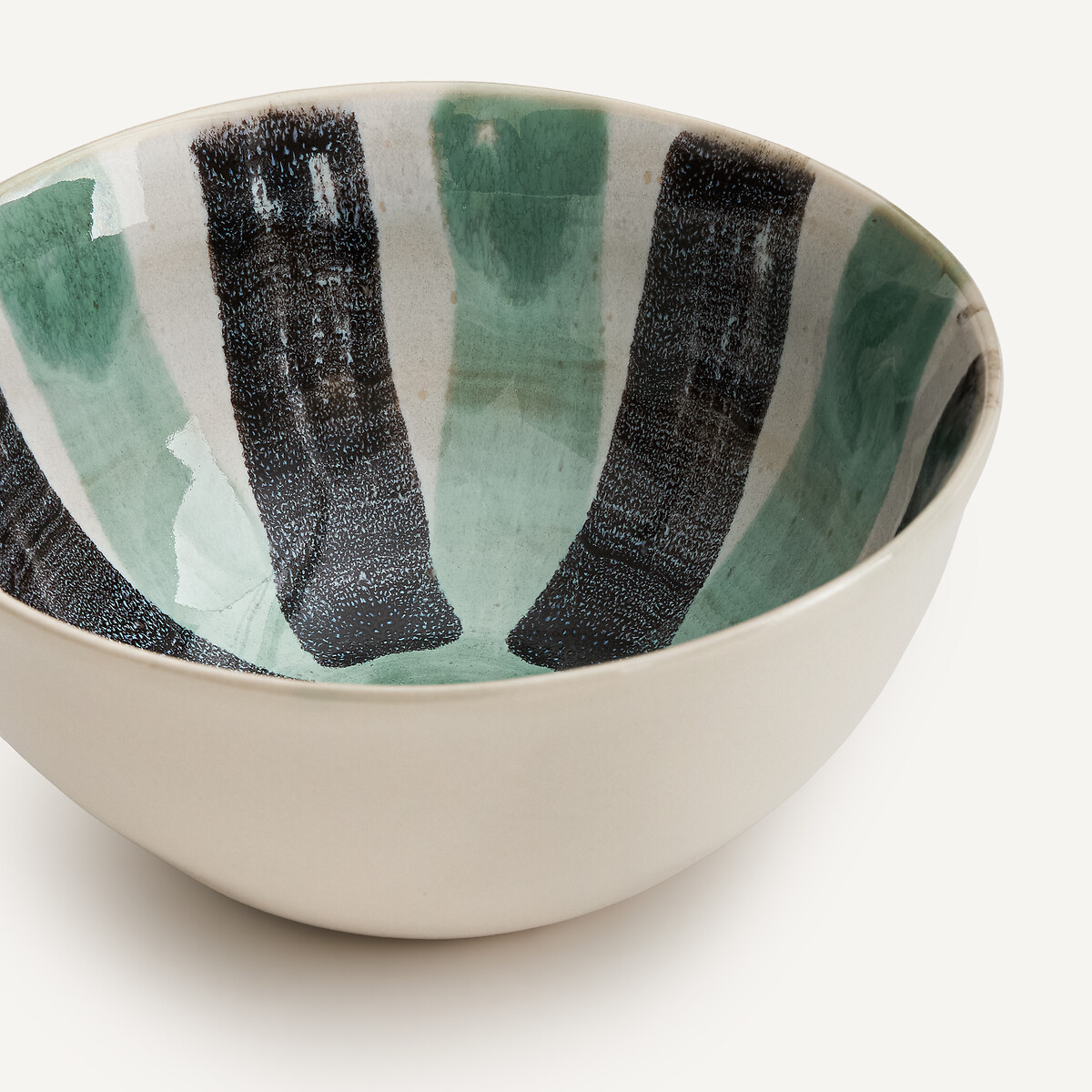 Lot de 4 bols à céréales en grès rayé, diamètre 17 cm, VIANA vert de gris/noir, AM.PM