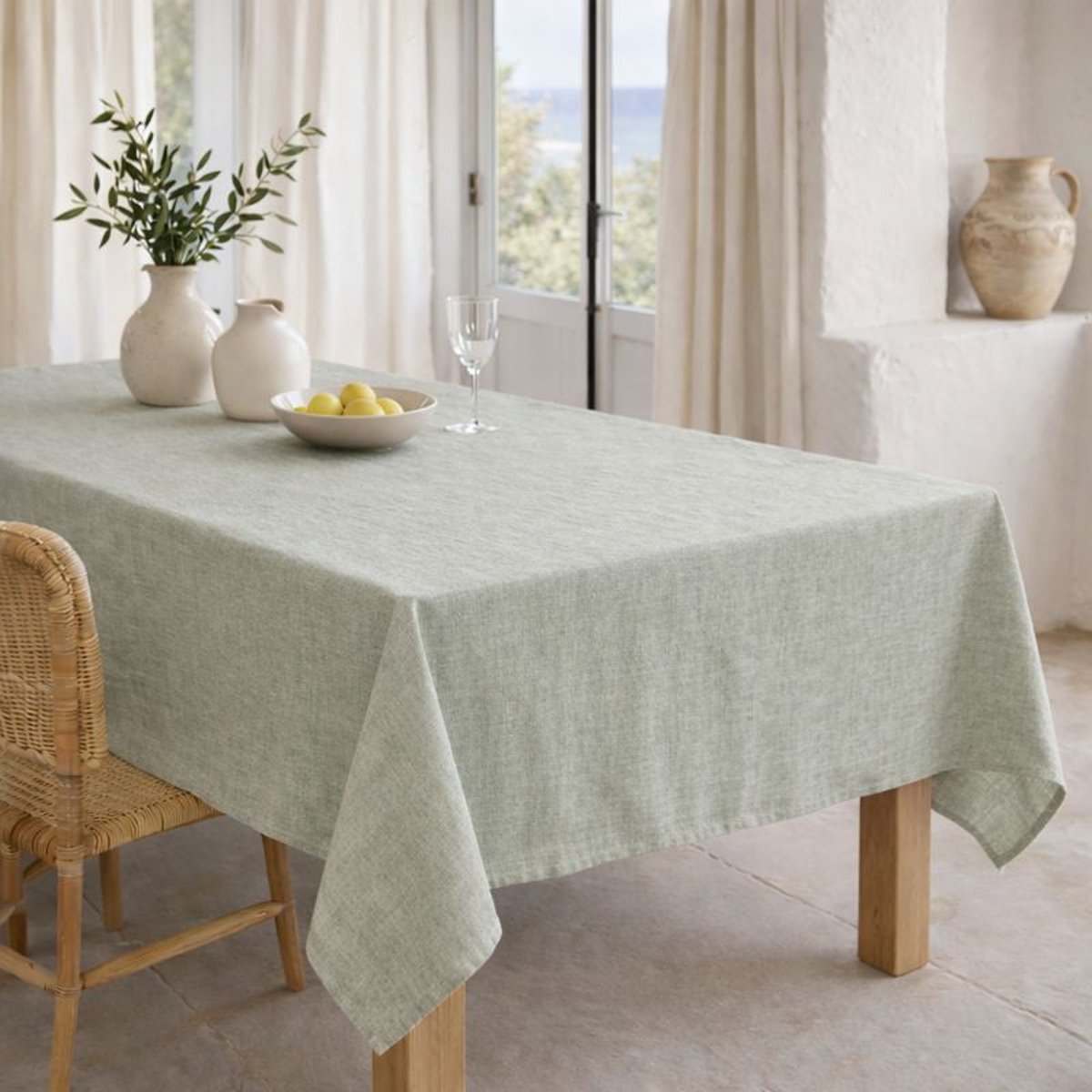 Nappe + 4 serviettes coton COLETTE vert olive, FEBRONIE