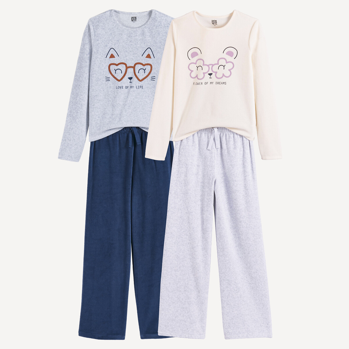 Lot de 2 pyjamas, en velours, motif visage animalier bleu marine + gris + blanc, LA REDOUTE COLLECTIONS