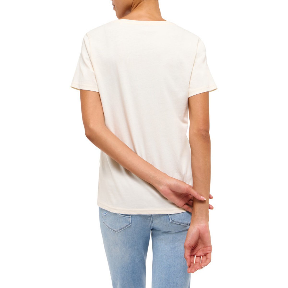T-shirt en coton écru uni pourvu d'un col rond et d'une coupe droite beige, MUSTANG