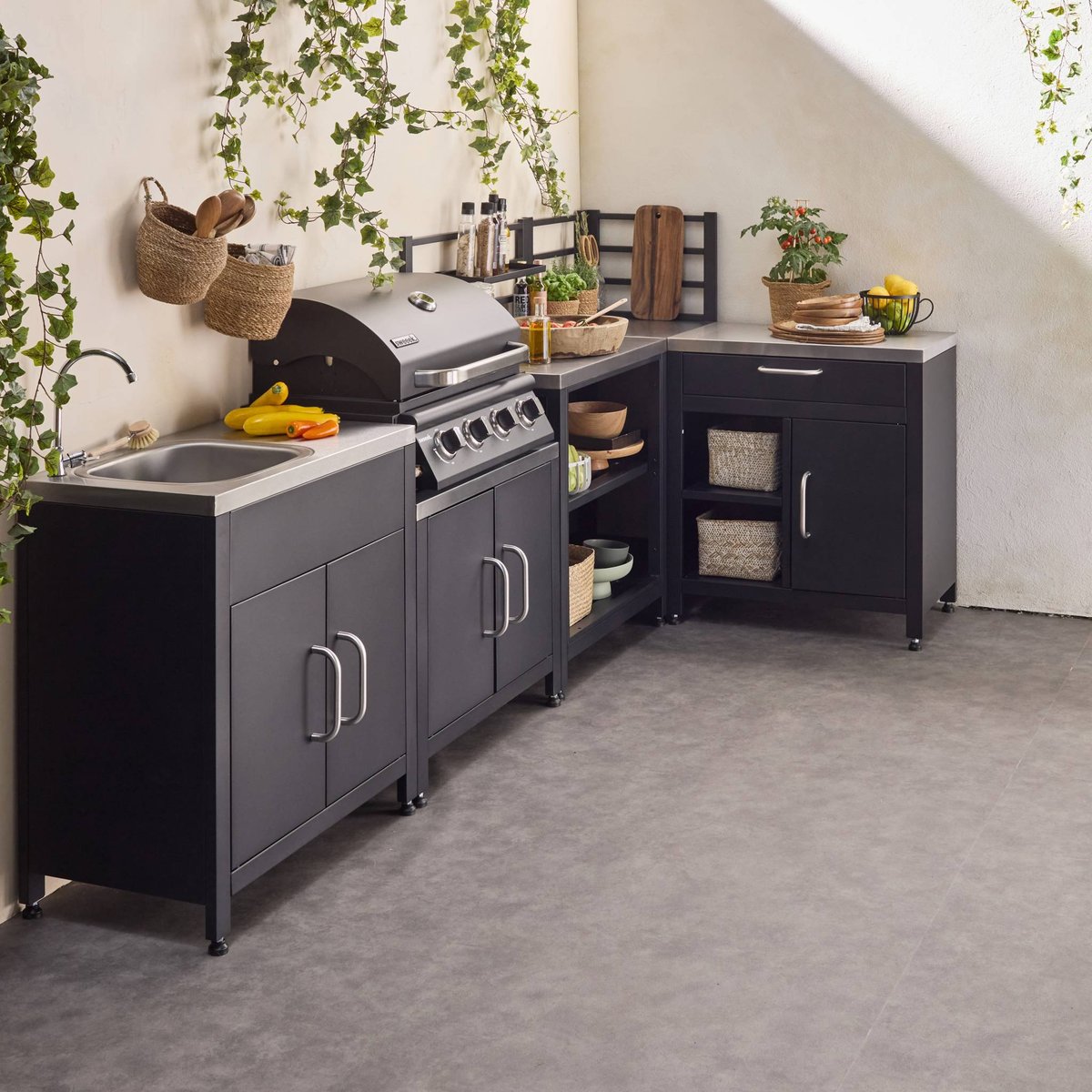 Cuisine extérieure 5 modules acier inoxydable avec barbecue gaz 4 brûleurs GRIMAUD 5 MODULES + BARBECUE GAZ noir, SWEEEK
