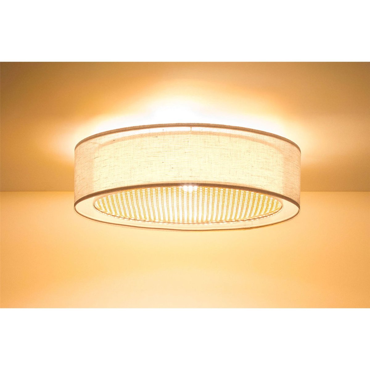 Plafonnier rond en tissu design moderne Puro beige tissu naturel et beige rotin, BPS KONCEPT