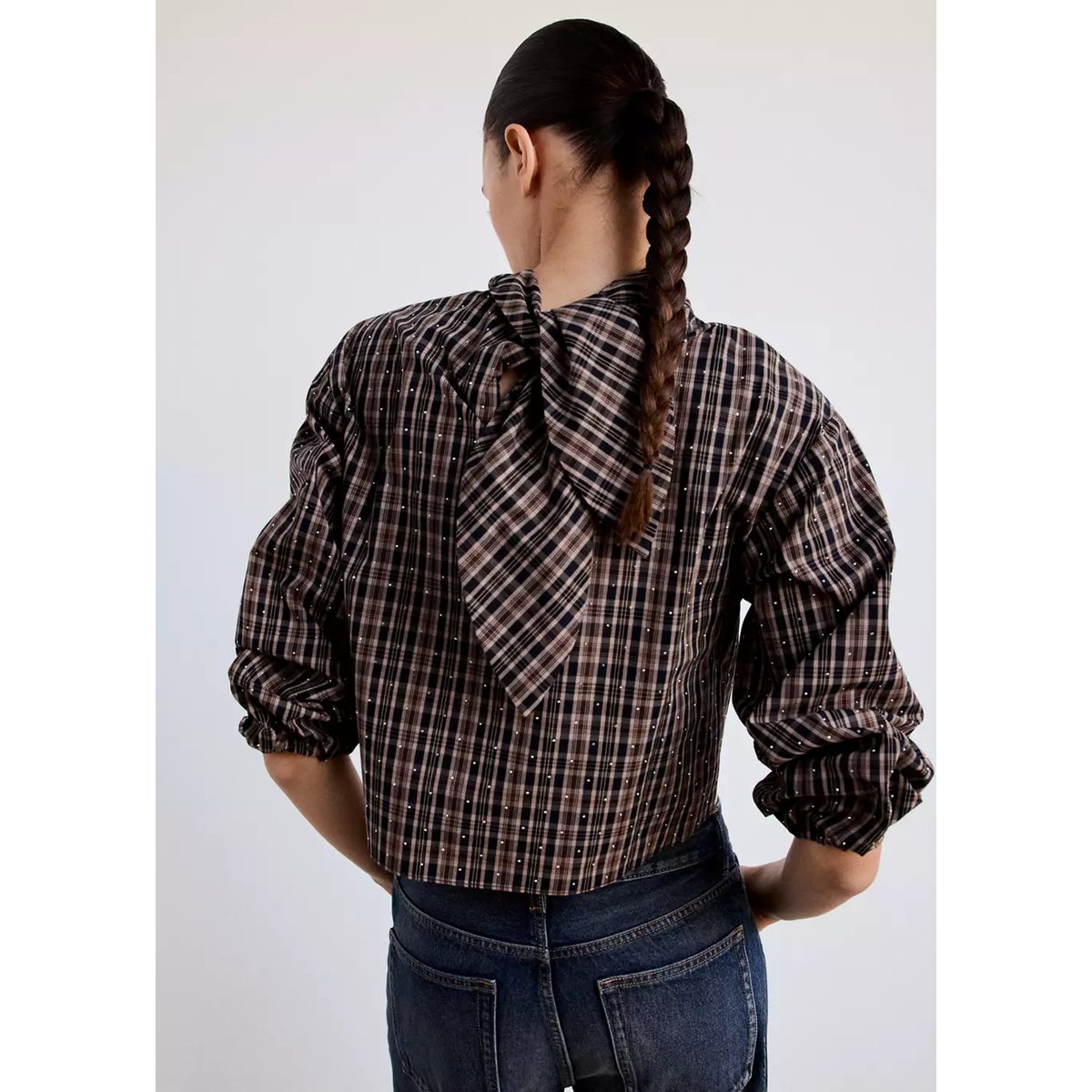 Blouse à carreaux avec strass marron, MANGO
