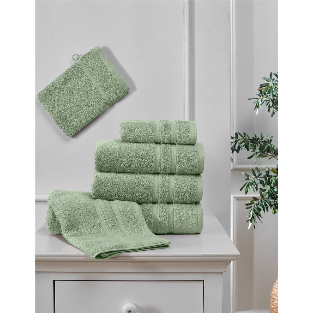 Lot 2 serviettes invité en coton biologique 520 g/m² BIO ORGANIKA sauge, SENSEI MAISON