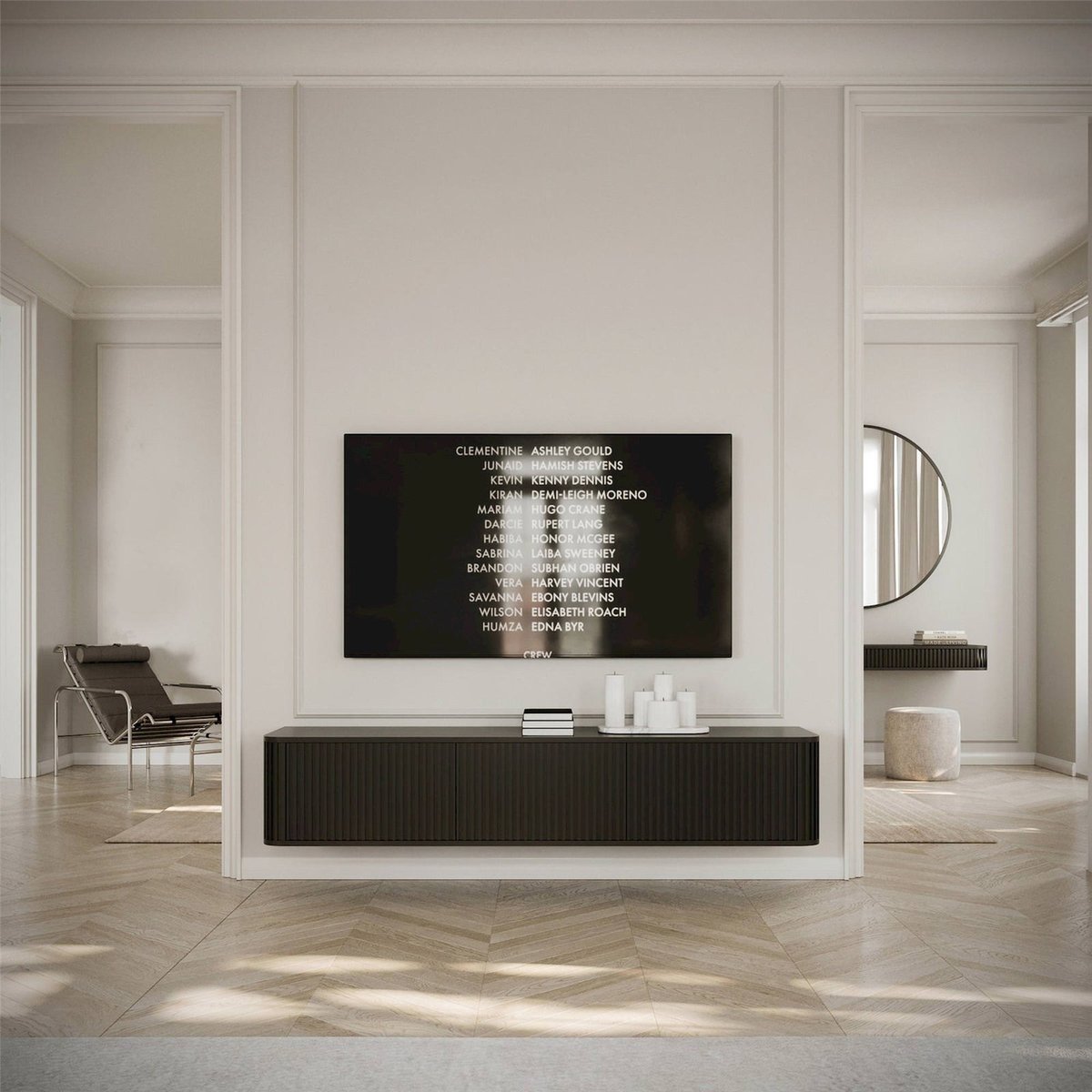 Meuble tv suspendu rainuré OVARLO 3 portes noir egger u999, RECOLLECTION