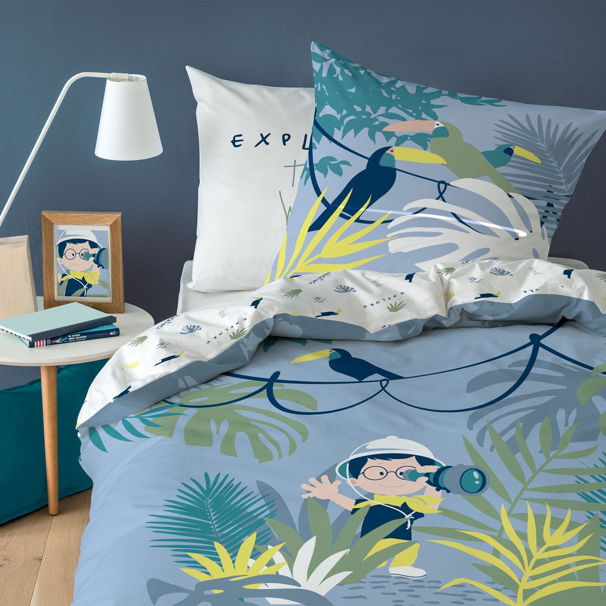 Parure de lit imprimée 100% coton, EXPLORATEUR gris, MATT ET ROSE