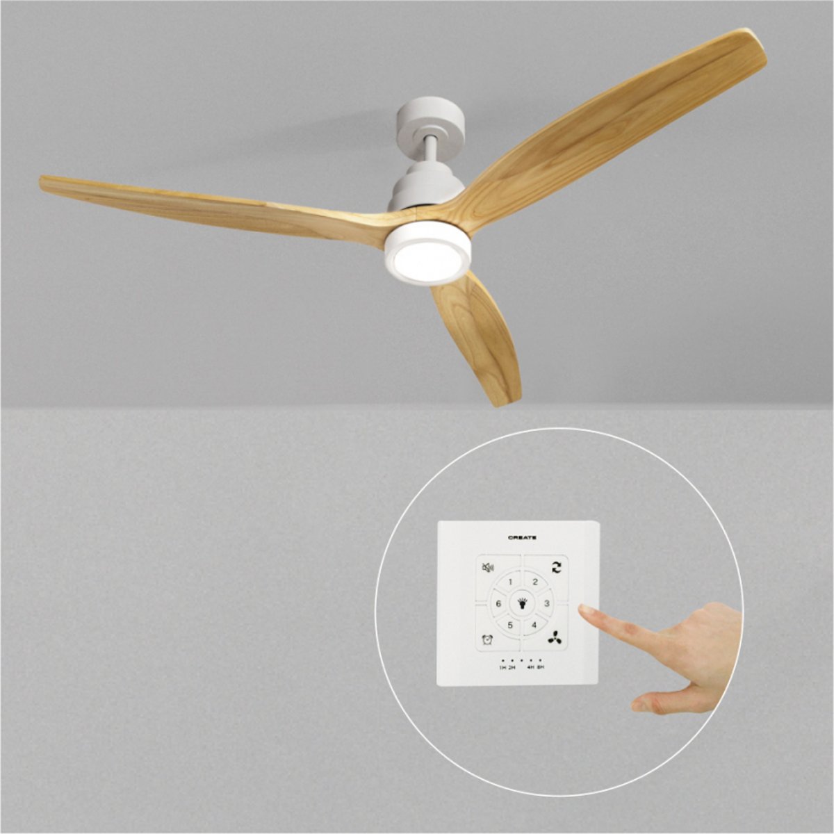Ventilateur de plafond 40W  avec lumière avec contrôleur mural WIND STYLANCE NATURAL WOOD blanc/bois naturel, CREATE