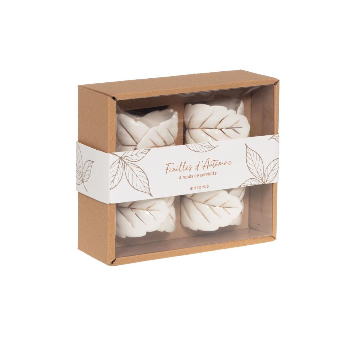 Coffret de 4 ronds de serviettes feuille blanche en céramique crème / ivoire, AMADEUS