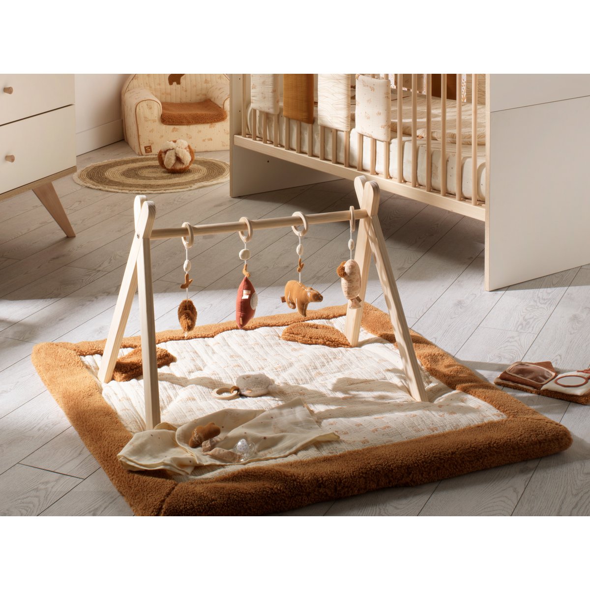 Grand tapis de jeu en double gaze de coton et sherpa beige, SAUTHON