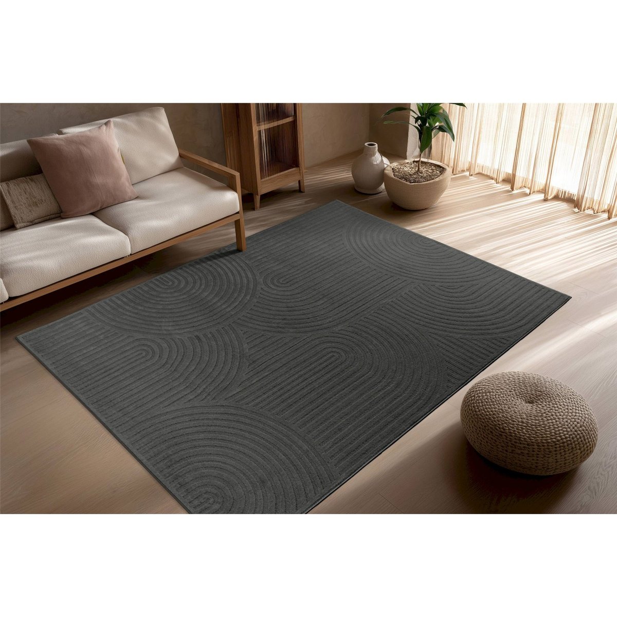Tapis rectangulaire à relief gris anthracite foncé moderne, ARTE ESPINA