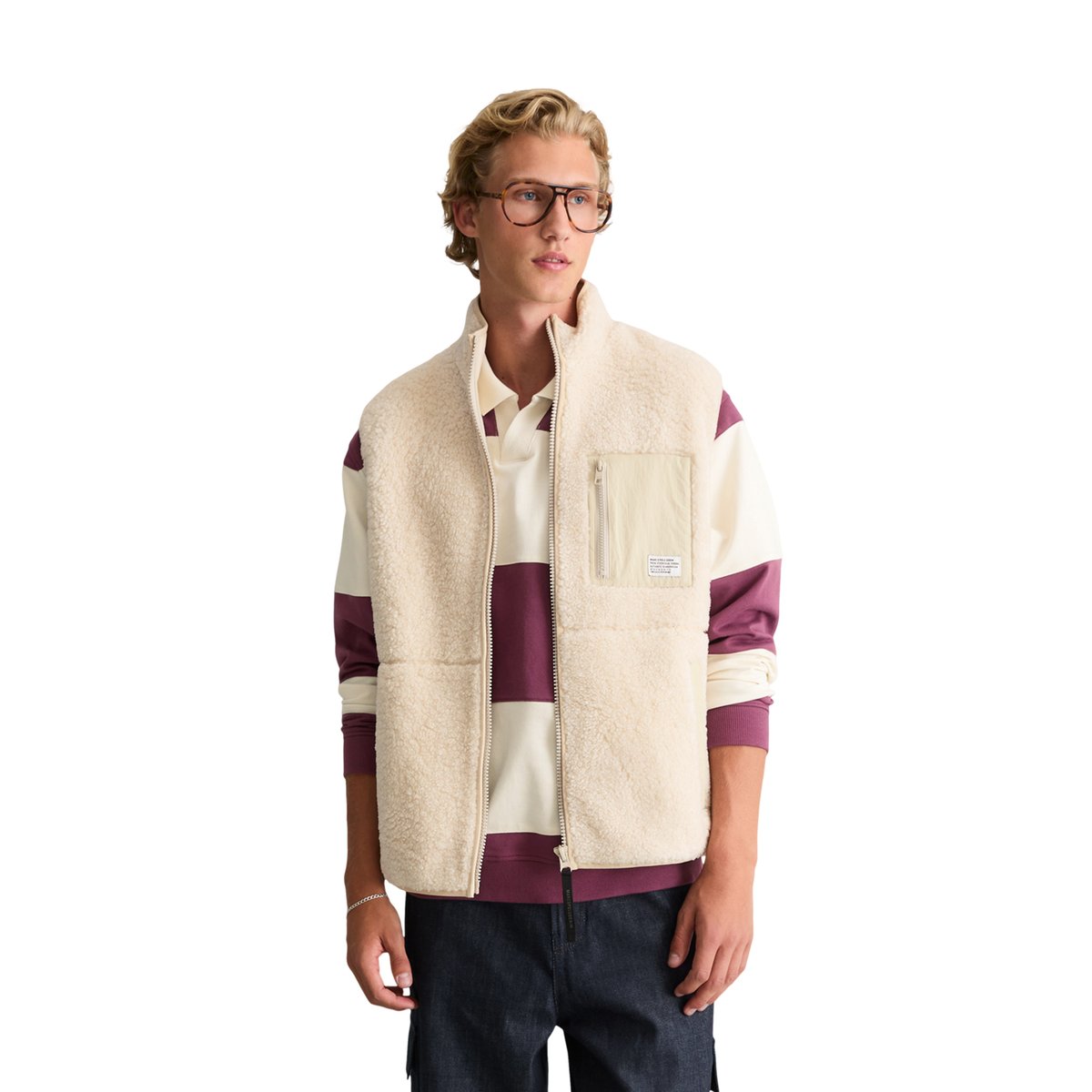 Gilet en peluche, coupe standard avec poche poitrine en nylon beige, MARC O’POLO DENIM