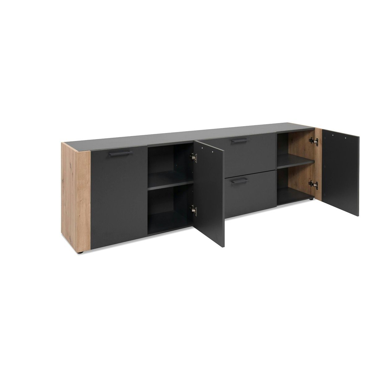 Long meuble TV gris foncé 3 portes 2 tiroirs ALVA bois naturel, PIER IMPORT