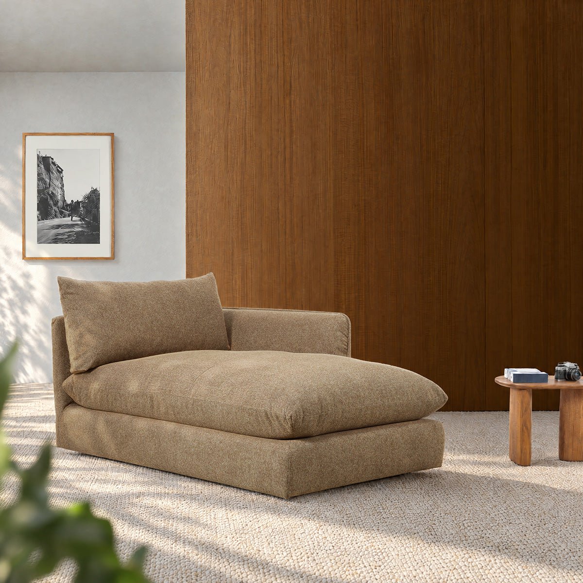 Méridienne droite modulable en tissu texturé LEOPOLD marron clair chiné, BERAH GETAH