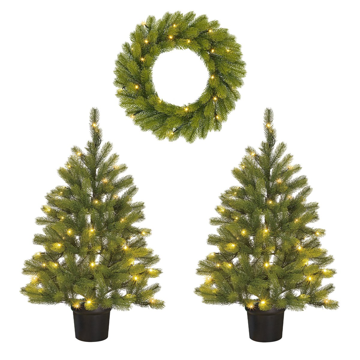 Lot de 2 sapins de Noël et 1 couronne d’extérieur avec LED NAGOYA blanc, BLACK BOX TREES