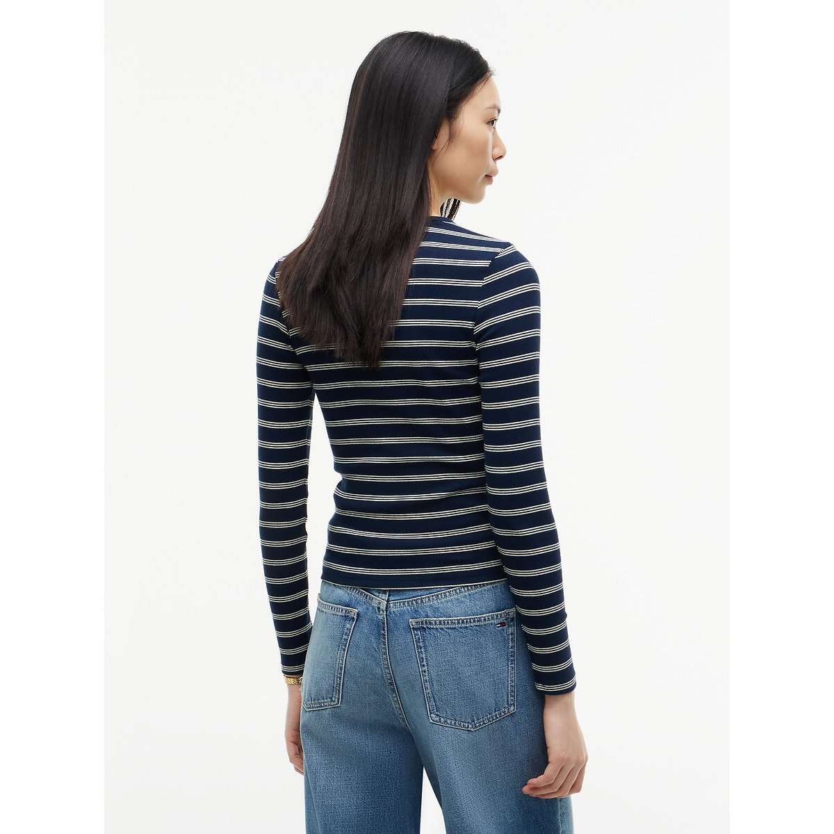T-shirt de gola redonda às riscas, com mangas compridas riscas marinho/cru, TOMMY JEANS
