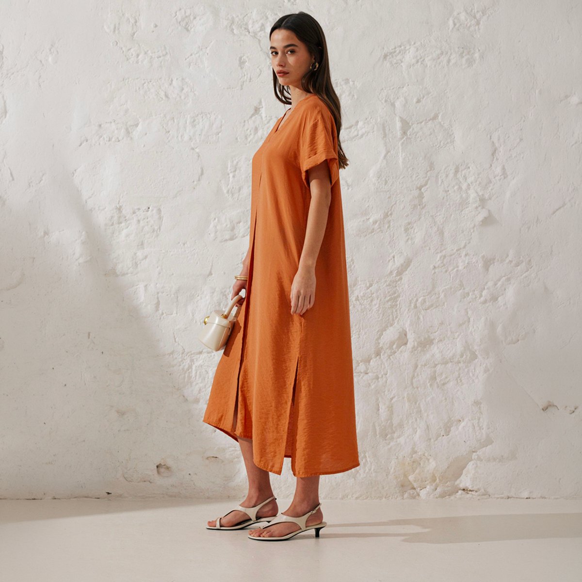 Robe chemise longue INGRID orange pêche, BENOA
