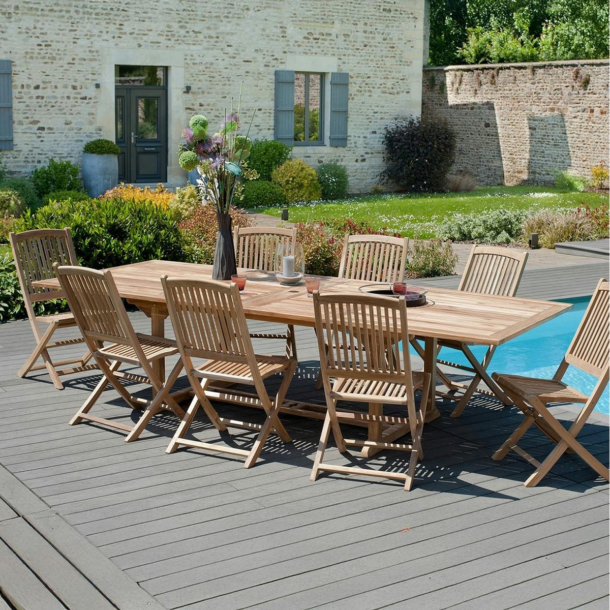 Table de jardin extensible rectangulaire en bois de teck massif 200/300x120cm SUMMER 14 personnes bois naturel, PIER IMPORT