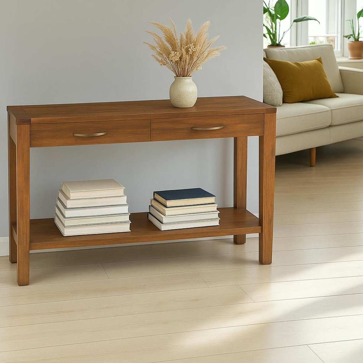 Console en bois acajou style exotique 2 tiroirs 2 plateaux 120cm LOLA bois naturel, PIER IMPORT