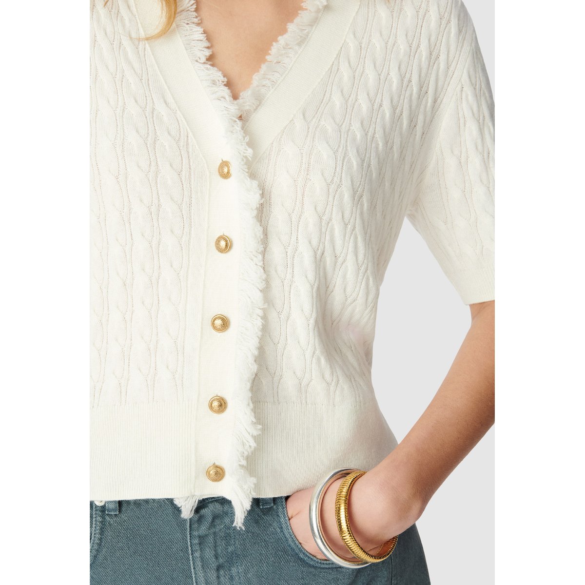 Cardigan manches courtes tricot torsadé ecru, IKKS