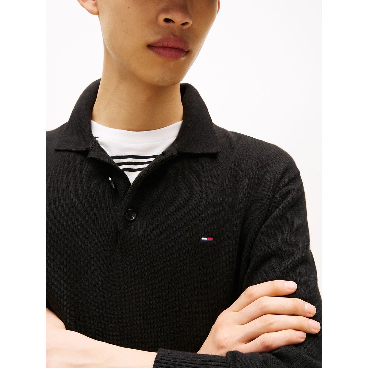 Pull slim, col polo noir, TOMMY JEANS
