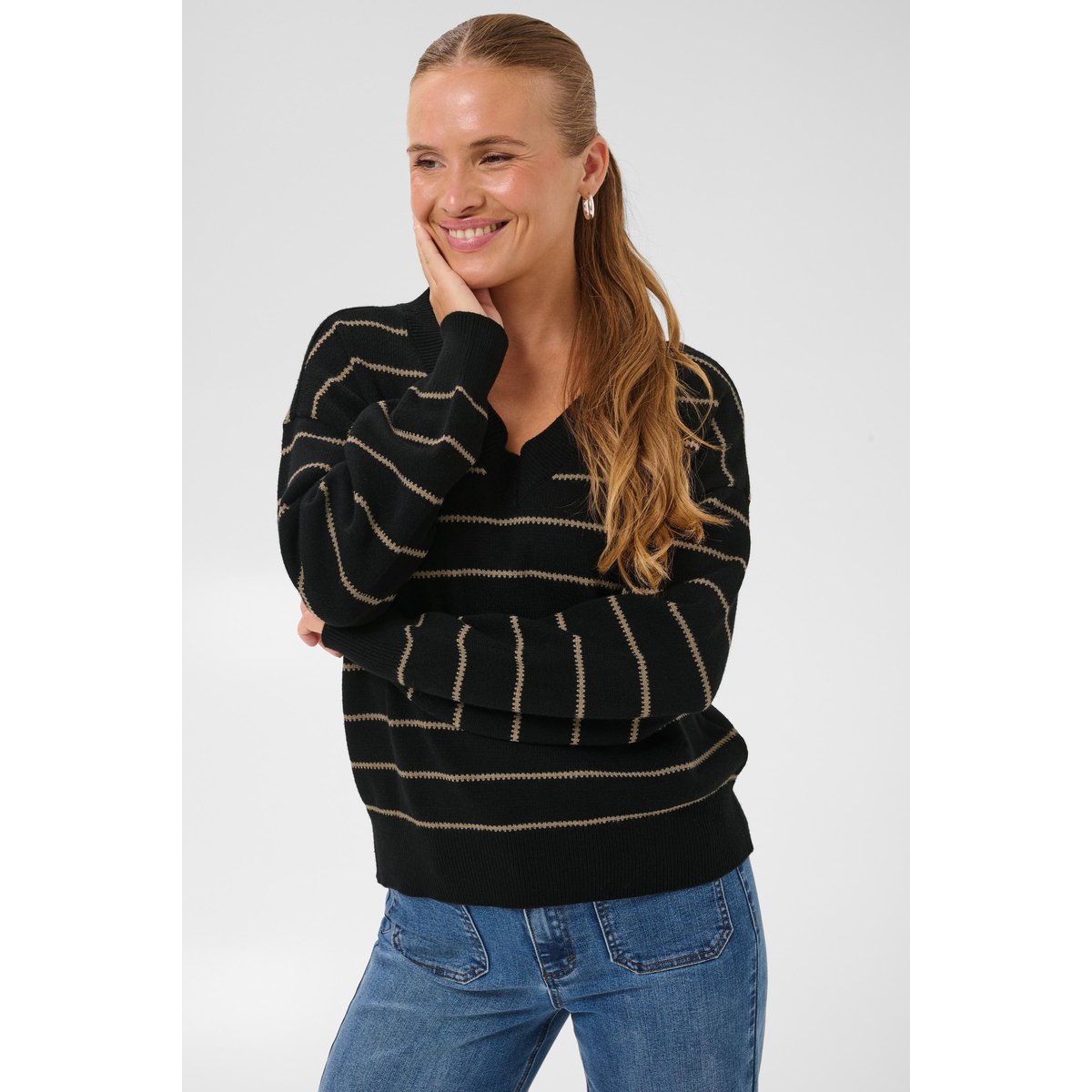 Pullover tricoté noir beige black/desert taupe m. stripe, KAFFE