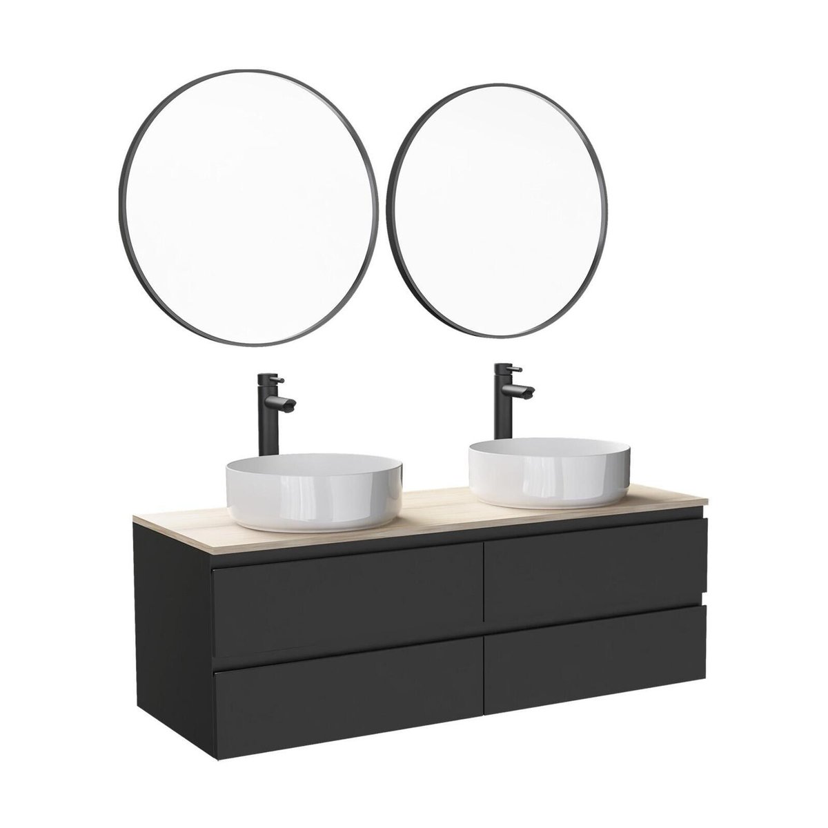 Ensemble meuble double vasque 120cm + robinet + miroir SORRENTO noir satiné, MOB IN
