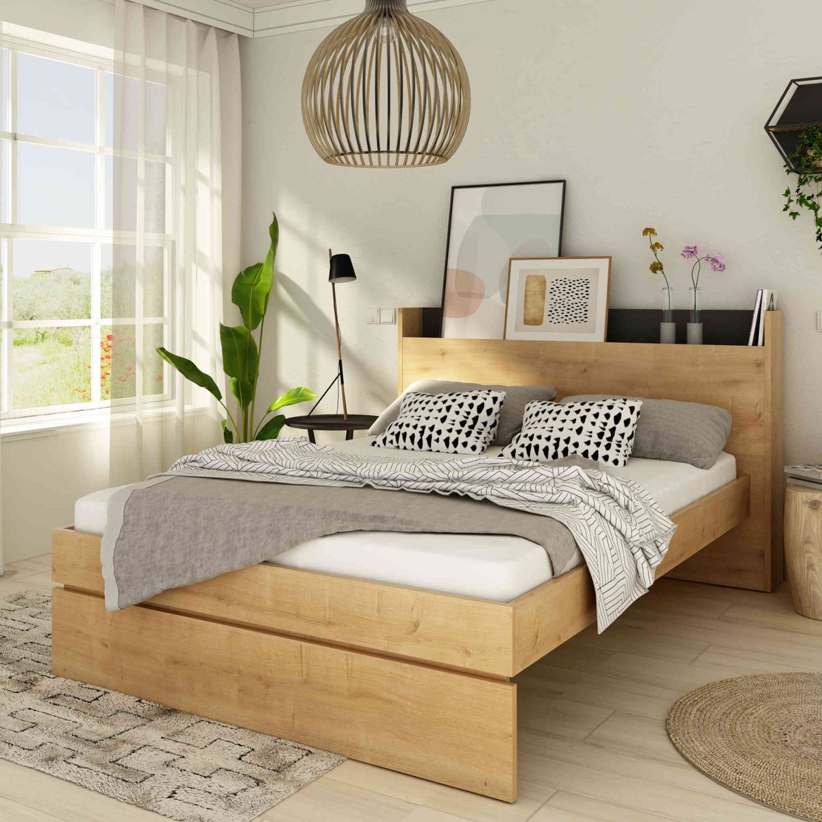 Lit en bois avec tete de lit bois naturel, TERRE DE NUIT