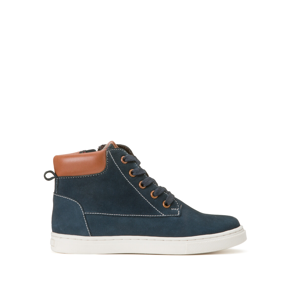 Kids Lace-Up Ankle Boots in Leather with Zip Fastening navy blue, LA REDOUTE COLLECTIONS