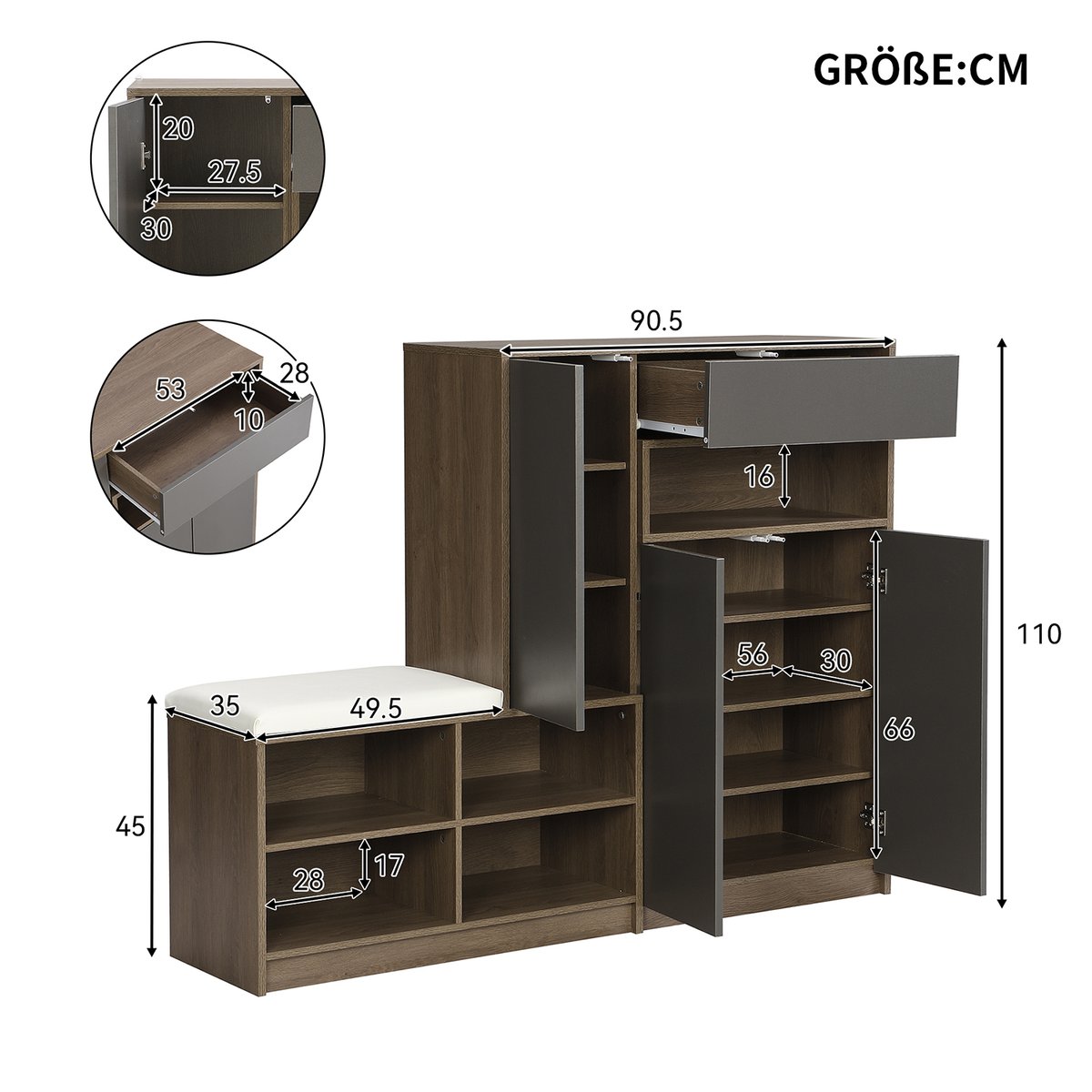 Meuble à chaussures avec banc et rangements, PORCH-B gris, MEUBLES COSY