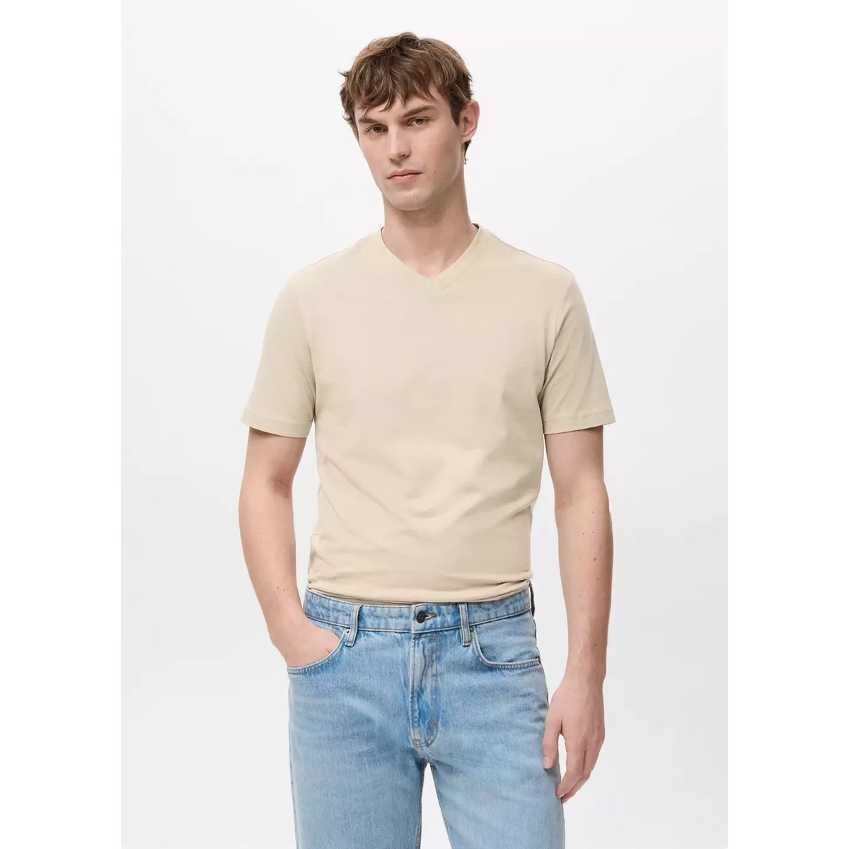 T-shirt 100 % coton col V slim-fit beige, MANGO MAN