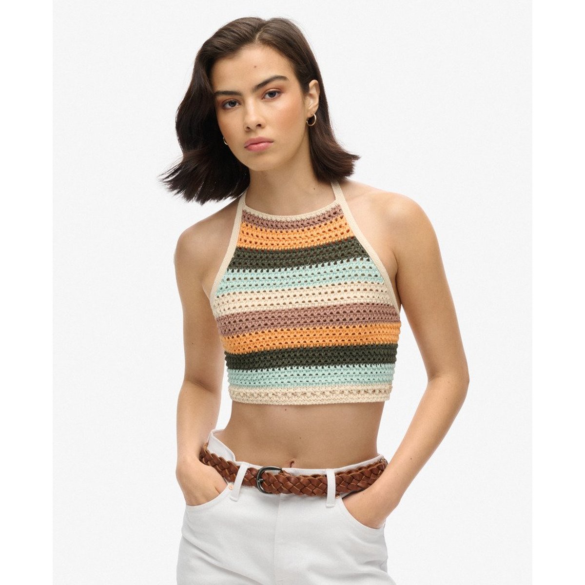 Haut court à dos nu en crochet rayures satsuma, SUPERDRY