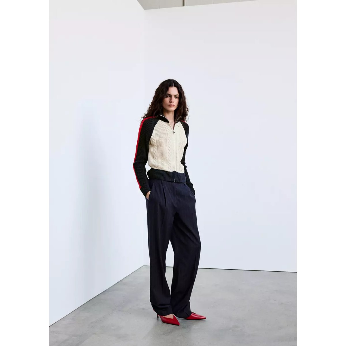 Veste en maille torsadée à rayures contrastées sable, MANGO