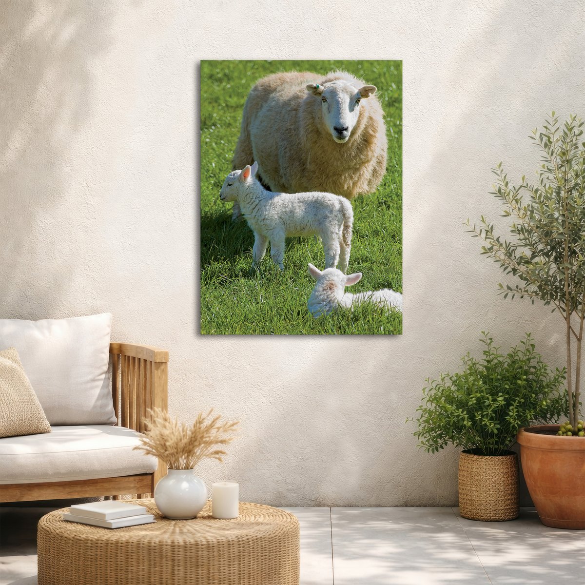 Tableau de jardin Agneau en famille beige, vert, ART FOR THE HOME