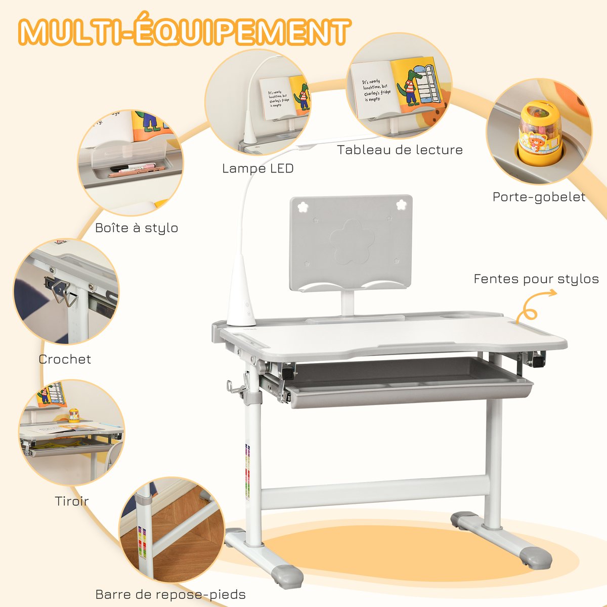 Bureau enfant chaise réglables lampe - KIDZDESK gris, HOMCOM