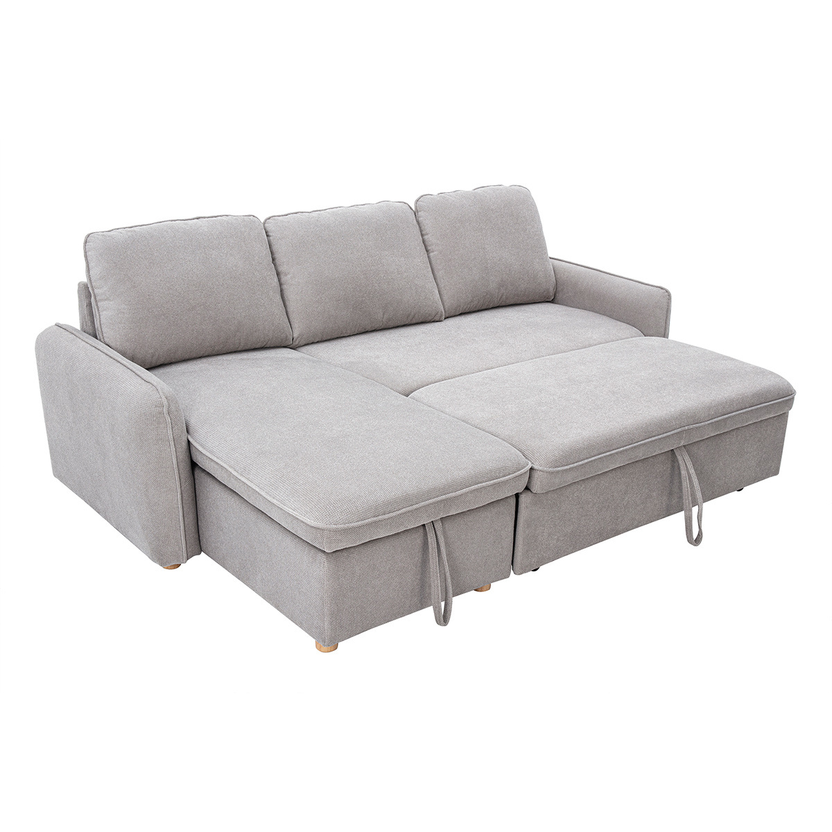 Canapé d'angle convertible réversible avec coffre 3 places en tissu chenille et bois clair ORSO gris, MILIBOO