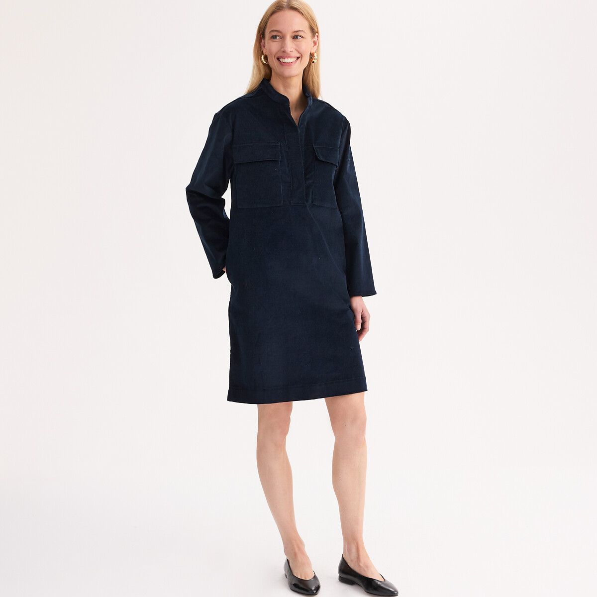 Robe droite, mi-longue, en velours marine, ANNE WEYBURN