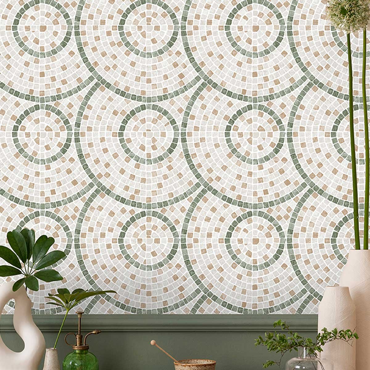 Papier peint mosaïque vert et beige vert, HEXOA