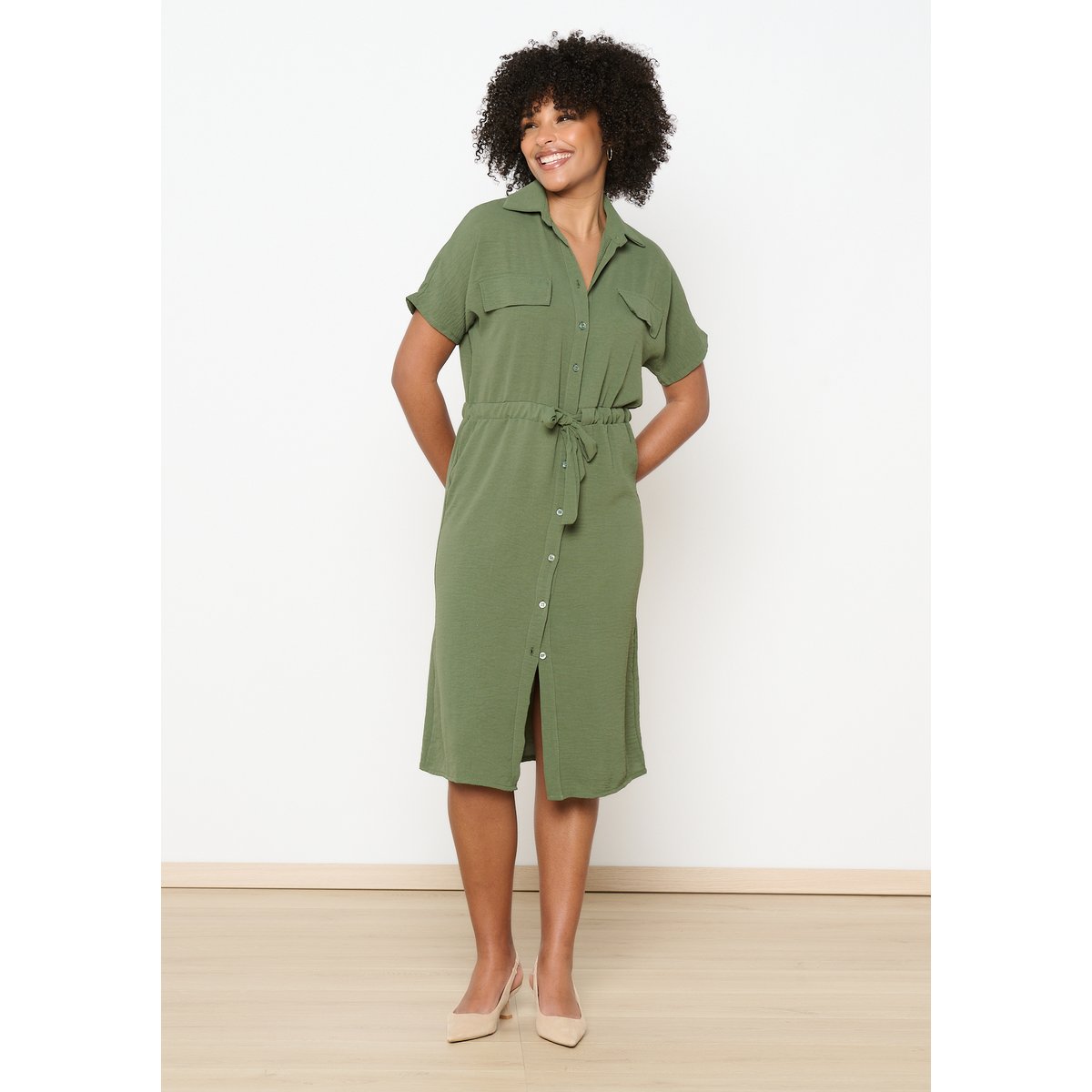Robe-chemise mi-longue khaki, LOLALIZA