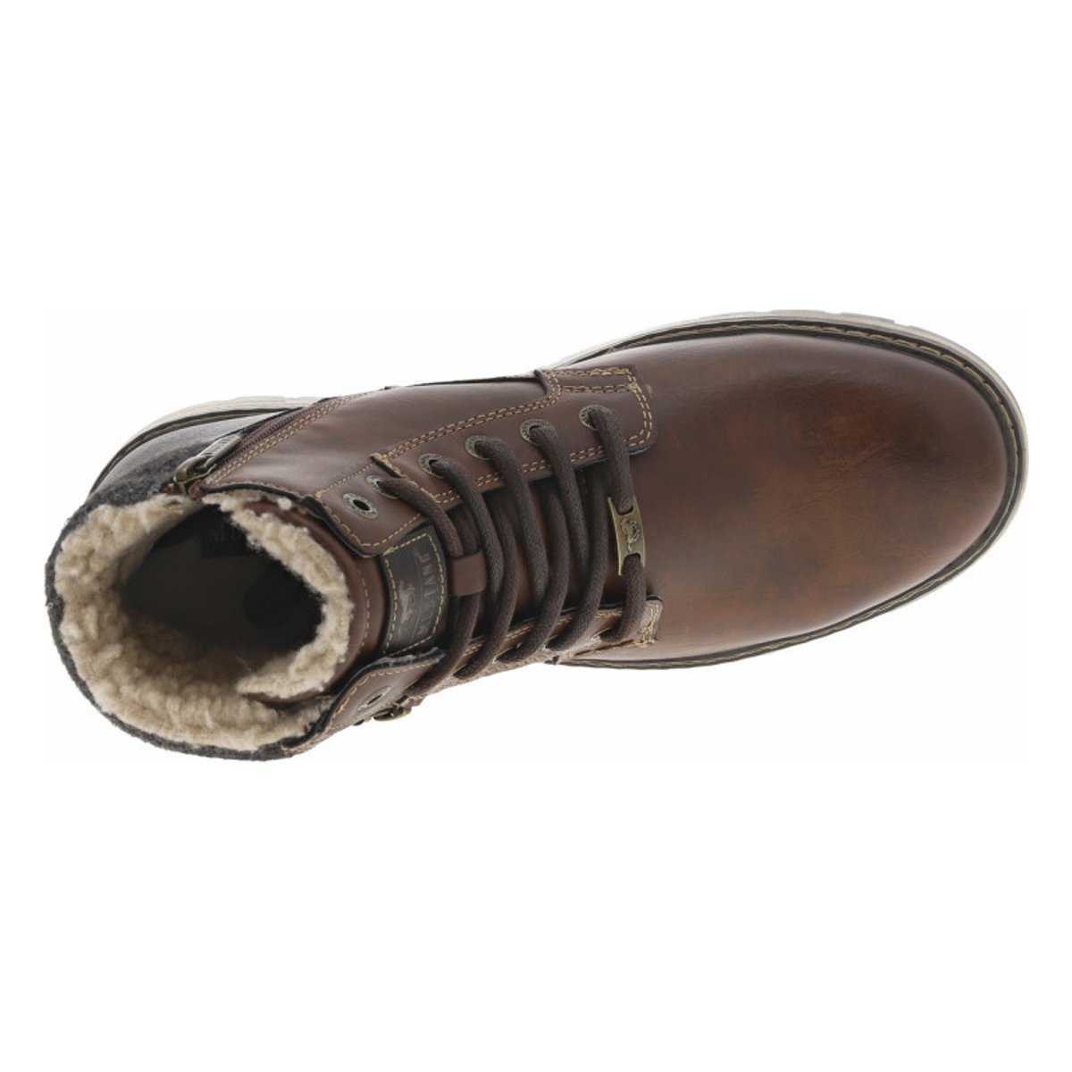 Bottines cognac à talon plat pourvues d'une fermeture zippée et de lacets cognac, MUSTANG