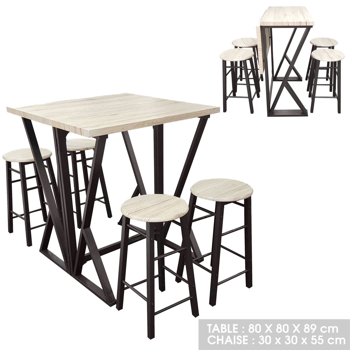 Table de bar pliante avec 4 tabourets design industriel DOCK noir, URBAN LIVING