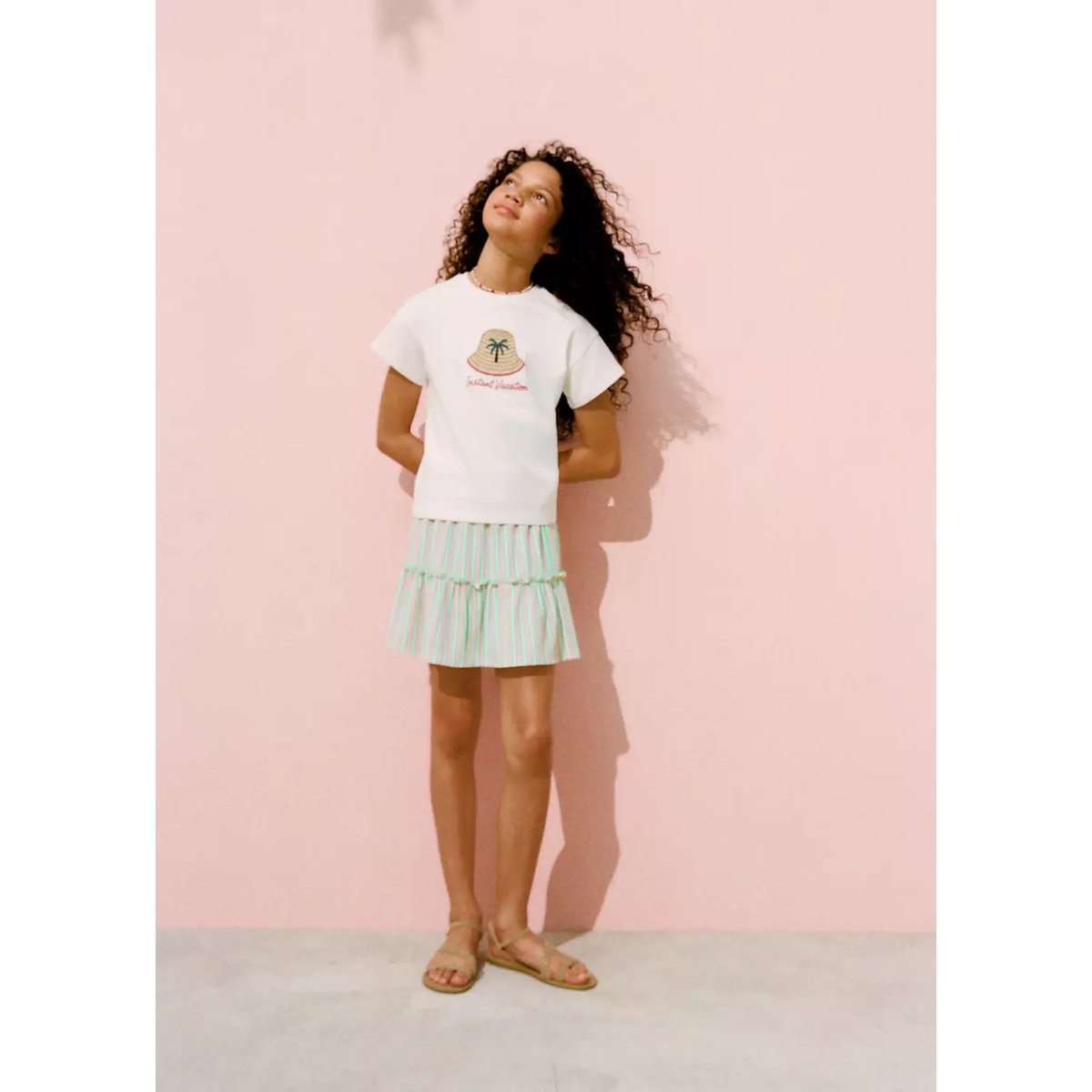 Jupe à rayures avec volants rose, MANGO KIDS