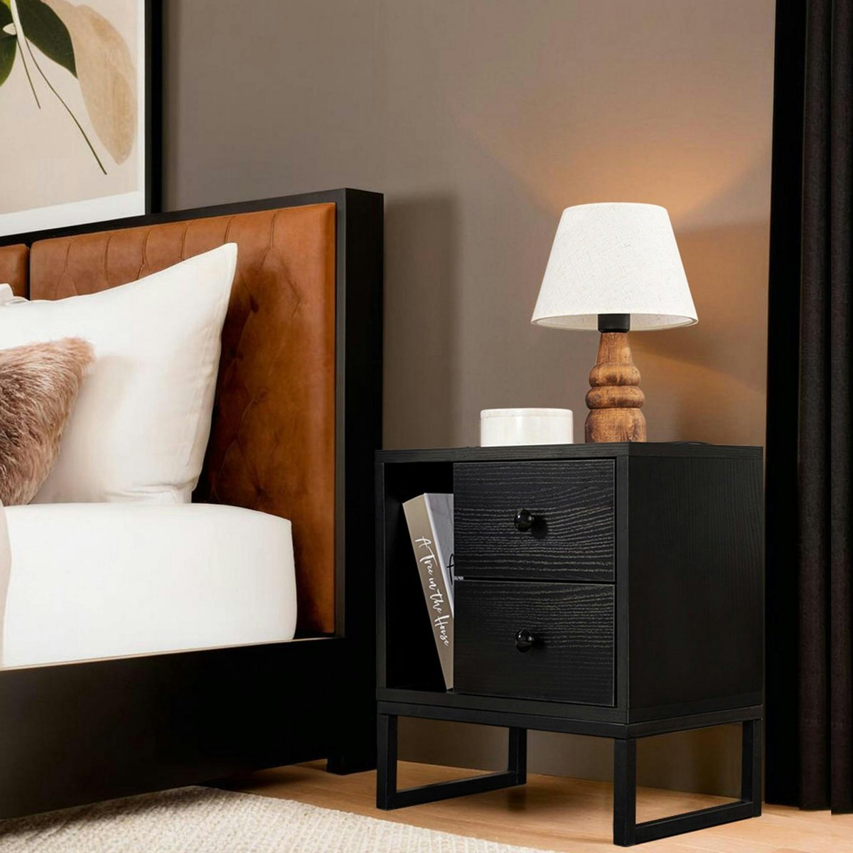 Table de chevet 2 tiroirs 1 niche MARFA noir / noir, PIER IMPORT