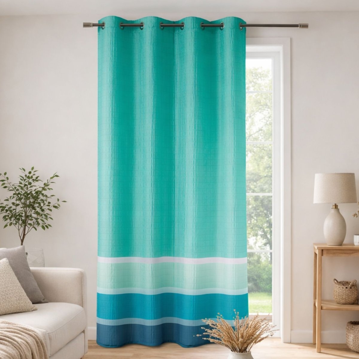 Voilage satiné rayures horizontales turquoise, HOME MAISON